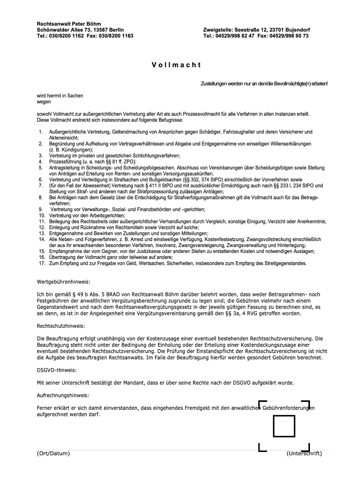 Pdf Vollmacht zur außergewöhnlichen Vertretung
